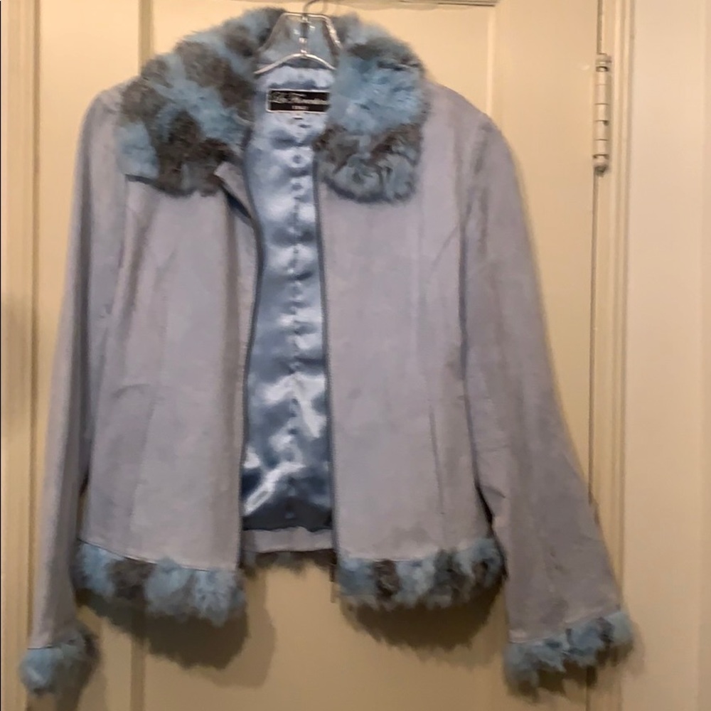 Vintage Blue suede jacket with faux fur